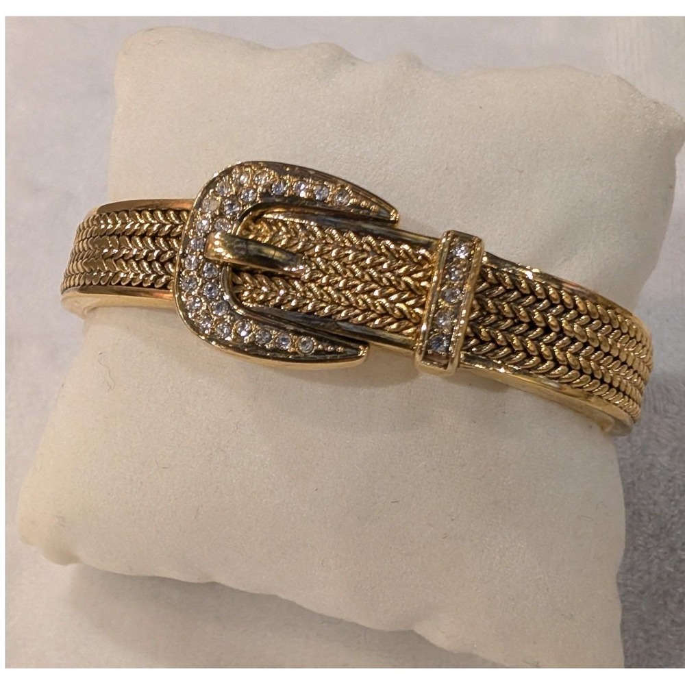 Gold Tone Rhinestone Belt Buckle Hinged Bangle Bracelet Equestrian Style